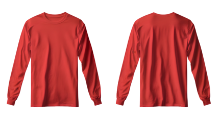 Long sleeve plain red t-shirt mockup, with front and back views isolated on a transparent background