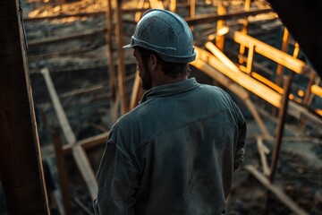Fototapeta premium Rustic foreman overseeing a rural barn construction site, bathed in natural light and earthy tones.