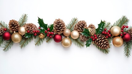 Traditional winter Christmas garland decoration. Festive ornament with pine and holly for seasonal celebrations. Elegant and classic, perfect for cheerful holiday decor.