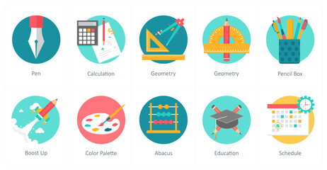 Fototapeta premium A set of 10 education icons as pen, calculation, geometry