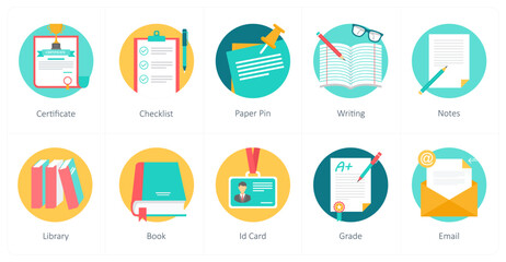 A set of 10 education icons as certificate, checklist, paper pin