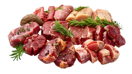 Meat assortment, different raw meat isolated on a transparent background