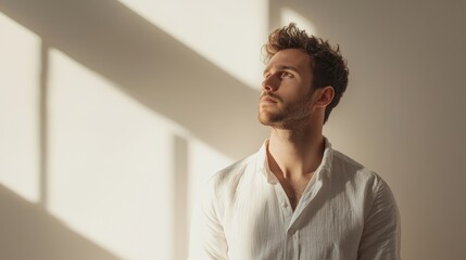 Thoughtful young man gazing upwards in soft sunlight indoors