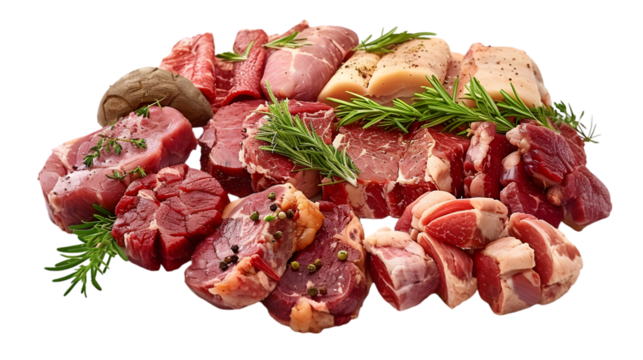 Meat assortment, different raw meat isolated on a transparent background