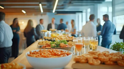 Corporate networking event with buffet. Social meeting with drinks and food. Business gathering in modern office space encourages conversation and interaction among colleagues.