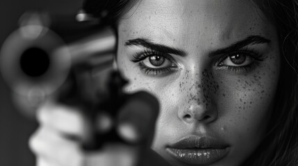 Portrait of beautiful woman sparkling eyes with black and white shooting gun, AI generated image