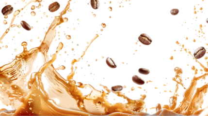 Milk Brown coffee liquid swirl splash and little bubbles with falling coffee Beans isolated on a transparent background
