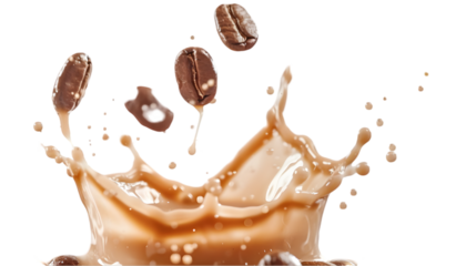 Milk Brown coffee liquid swirl splash and little bubbles with falling coffee Beans isolated on a transparent background