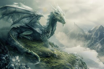 Fototapeta premium A majestic dragon perched upon a rocky outcrop amidst a fantastical landscape, surrounded by mystical foliage and illuminated by a vibrant sunset