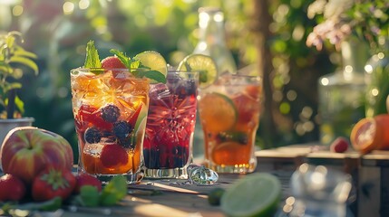 Summertime fruit cocktails on a wooden table