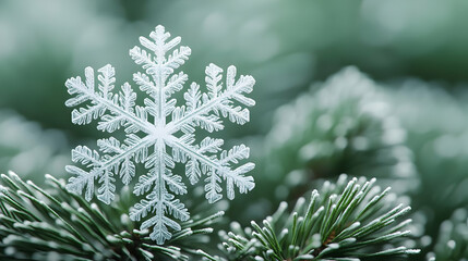 3D Macro Snowflake on Pine Needle with Copy Space for Text Overlay
