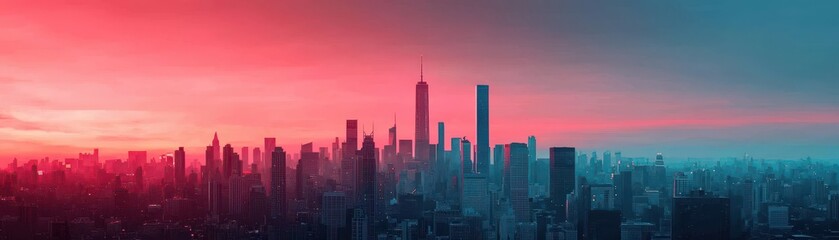 Obraz premium Breathtaking Urban Skyline at Sunset with Vibrant Colors Over Cityscape and Skyscrapers in the Background