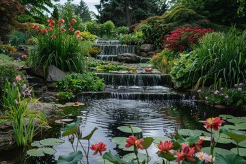 Fototapeta premium A serene garden setting showcases vibrant flowers, lush greenery, and a tranquil pond surrounded by stones during a sunny morning