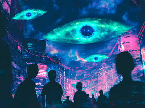 AI-Generated image of A group of people are walking down a street with a large eye in the sky. There are also two other eyes in the sky