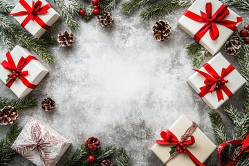 Christmas and New Year Gift Box Decoration with Red Ribbons.