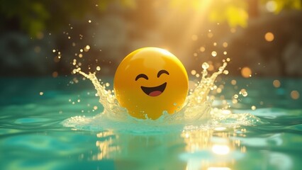 A glossy yellow sphere with a smiling face bounces on turquoise water, scattering golden droplets mid-air. Sunlight and bokeh create a joyful, radiant, and serene scene.