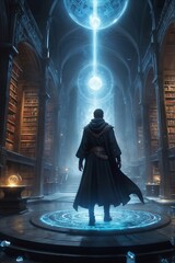 An underground library with towering bookshelves carved from glowing crystals, illuminated by floating magical orbs, a cloaked figure cautiously exploring the space,Illustrative Art