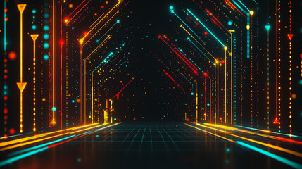 Obraz premium Abstract black background with Colorful geometric lines. Digital future technology . Abstract business connection of lines from nodes innovation of communication in the network.