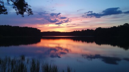 Obraz premium Serene sunset over a tranquil lake reflecting vibrant colors.