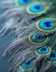 Naklejka premium A vibrant display of peacock feathers, showcasing their iridescent colors and intricate patterns.