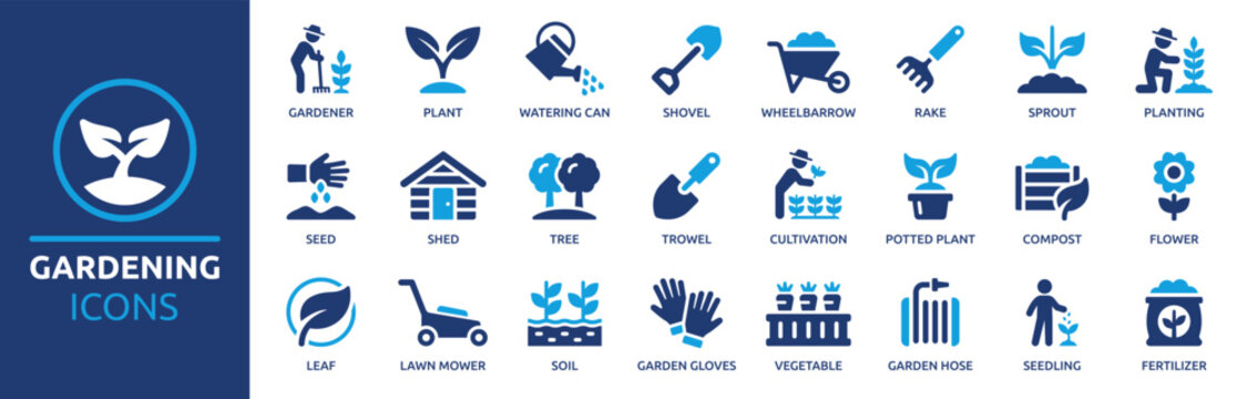 Gardening icon set. Containing plant, gardener, sprout, leaf, planting, seedling, shovel, watering can, rake, cultivation and more. Solid vector icons collection.
