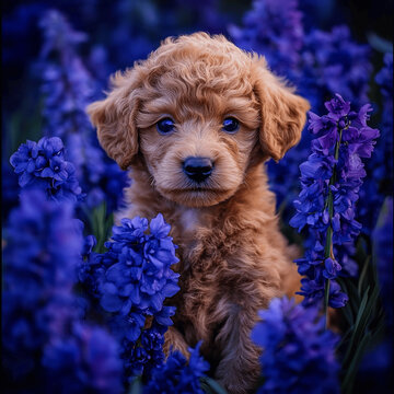 wildlife photography of a cavoodle puppy , wilderness, delphiniums