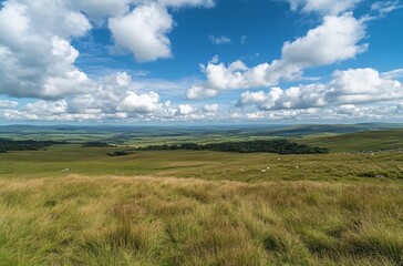 Obraz premium A vast grassland under a blue sky with fluffy white clouds in Inner Mongolia, showcasing the natural beauty and expansive landscape, perfect for a peaceful and tranquil outdoor setting.