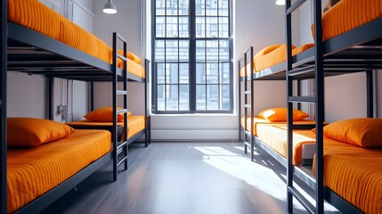 Vibrant hostel room with colorful bunk beds, bright pillows, and cozy ambiance, sunlight streaming through large windows, minimalistic yet lively design, youth travel vibes