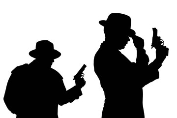 Retro detective silhouettes with hats and guns