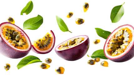 Passion Fruit with half slice and seed falling in the air with leaves isolated on a transparent background