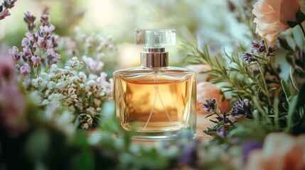A glass bottle of perfume surrounded by flowers on a wooden table.