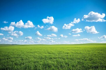 Obraz premium A vast grassland under a blue sky with fluffy white clouds in Inner Mongolia, showcasing the natural beauty and expansive landscape, perfect for a peaceful and tranquil outdoor setting.