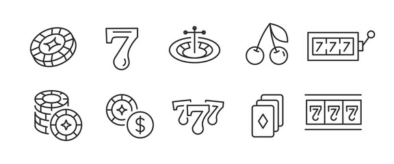 Fototapeta premium Casino icons. Set of 10 trendy minimal casino icons including Slot Machine, Dice, Cards, and Chips icon. Design elements for web page, mobile app, and gaming interface design. Vector illustration.