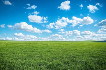 Fototapeta premium A vast grassland under a blue sky with fluffy white clouds in Inner Mongolia, showcasing the natural beauty and expansive landscape, perfect for a peaceful and tranquil outdoor setting.