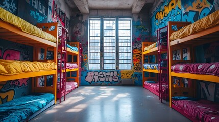 Fototapeta premium Youthful hostel dormitory with graffiti art on the walls, vibrant decor, and colorful bunk beds, hostel room, artistic urban accommodation