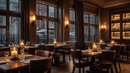 Fototapeta premium dining room in a restaurant with a night atmosphere, a restaurant with candle interior on each table, and a cinematic urban view, generative ai