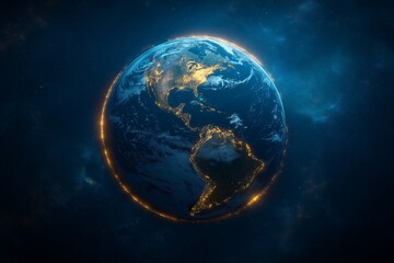 Fototapeta premium A beautiful view of Earth from space, highlighting illuminated continents and a glowing atmosphere against the deep starry expanse of the universe, symbolizing global connection and cosmic wonder