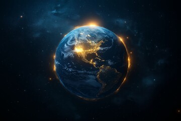 Obraz premium A stunning image of Earth from space with a glowing horizon, showcasing illuminated continents and the deep expanse of the cosmos, symbolizing global connection and universal beauty