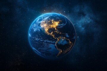 Fototapeta premium A stunning view of Earth from space, showcasing illuminated city lights on the continents, surrounded by a glowing blue atmosphere and a star-filled cosmic background