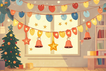 Illustration of christmas bells and stars