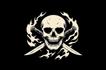A skull with crossed swords behind flames circling round design vector black and white simple