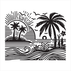 On a beach with a hammock, a large, bold palm tree, with waves and sand