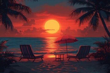Fototapeta premium Summer holidays background. Sunset View Poster. Vector beach resort wallpaper. 