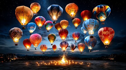 Balloon festival night sky hot air balloons illuminated scenic landscape vibrant colors