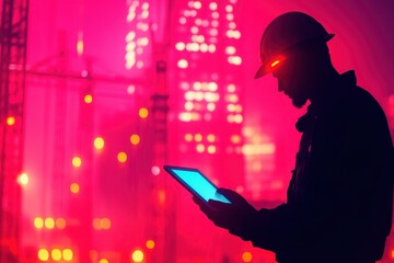 Futuristic Foreman Using Tablet Overseeing Cranes and Skyscrapers on Construction Site