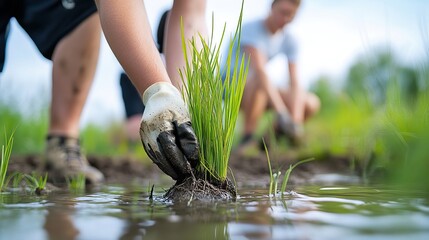 Marshlands are vital ecosystems supporting wildlife, plants, and climate balance, requiring restoration to protect nature. Hands Planting Rice Seedlings in Waterlogged Field Environment