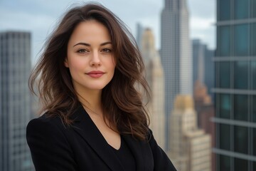 Fototapeta premium A businesswoman standing confidently in front of a city skyline, symbolizing leadership and success.