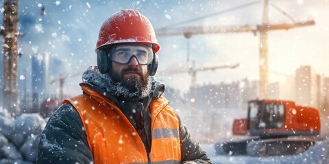 Obraz premium Focused foreman in winter gear, determined on a snowy construction site, leading the way amidst challenging conditions.