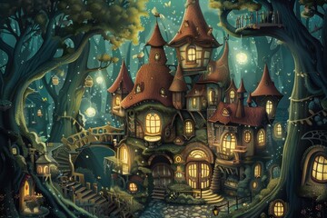 Fototapeta premium A whimsical fairy tale cottage nestled in a mystical forest, illuminated by soft light and surrounded by enchanting trees, creating a magical atmosphere at twilight