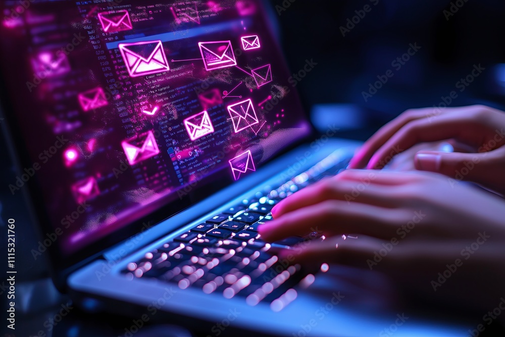 Aufkleber A close-up of hands typing on a laptop with a glowing code screen in a dark environment.